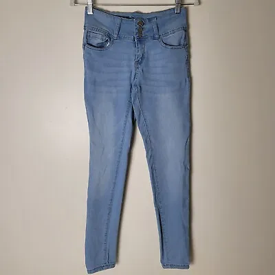 Wax Jeans Juniors 11 Butt I Love You Womens Skinnyt Light Blue Distressed 22x28 • $12