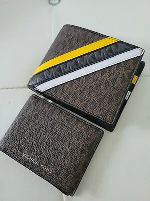 Michael Kors Cooper Mk Logo Billfold Wallet W Passcase Brown/lemon Msrp $178 • $95