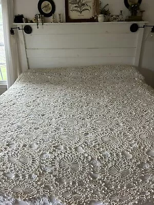 Vtg Bedspread/coverlet Lightweight Bed Topper Spread Cotton Crochet Beige • $49.98