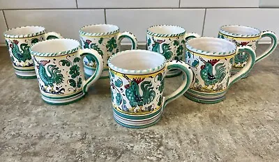 Vintage DERUTA Italian Pottery Coffee Mugs Green Rooster Set Of 7 Made In Italy • $126