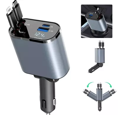 4 IN 1 Retractable Car Charger Cable Dual Port USB C Fast Charging Adapter • £19.99