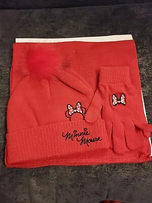 Girls Disney Minnie Mouse Winter Hat Scarf Glove Set • £10