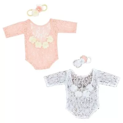 Infants Hair Headdress Jumpsuit Baby Flower Pearl Headband Lace Romper Set • $16.61