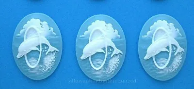 3 Unset WHITE DOLPHIN On AQUA SEA BLUE 40mm X 30mm Costume Jewelry Crafts CAMEOS • $3.59