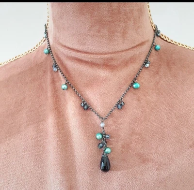£3 • Buy M&S / Black Toned Chain Beaded Necklace / Green/Blue Charm Drop Posh Glam Retro