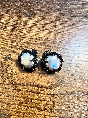 Vintage HAR Signed Black Pearl Rhinestone Clip Earrings Pre-owned VG Cond. • $59.48