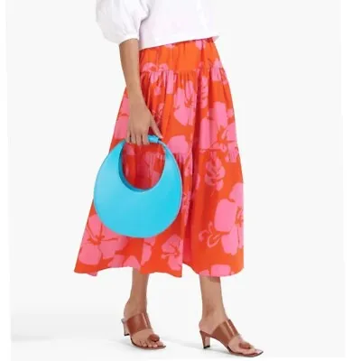 $135 • Buy STAUD Poplin Tiered Sea Midi Skirt In Pink Hibiscus Print Size 6 NEW 