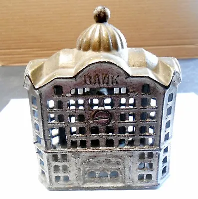 Antique Cast Iron Metal Coin Bank In A Building Shape Marked Bank 4.5 X 4 X 2.25 • $75