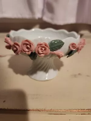 Vintage White Ceramic Pedestal Vanity Trinket Dish Applied Pink Roses • $14.95