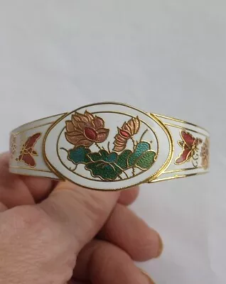 Vtg Cloisonne Enamel Bracelet Cuff Hinged Clamper Gold Plated White Floral  • $14.47