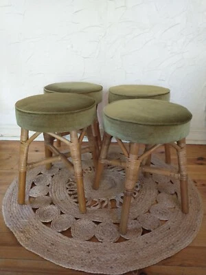£190 • Buy Set Of 4 Vintage ANGRAVES INVINCIBLE Bamboo Cane Stools - Green Draylon Seats