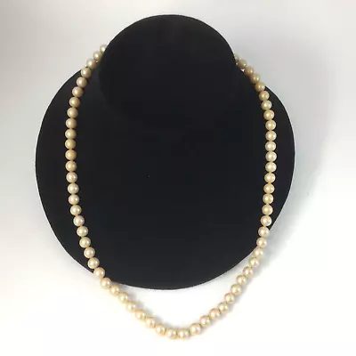 Vintage Cream Faux Pearls Necklace Single Strand Metal Clasp Rhinestones 24 In • $14