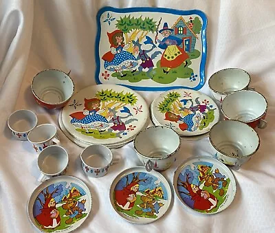 Vintage Tin Child's Tea Set LITTLE RED RIDING HOOD 25 Pieces - Mixed Set • $34.95