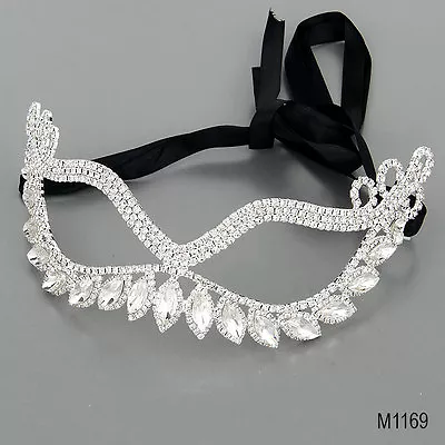 Elegant Silver Masquerade Halloween Party Mask Clear Rhinestone Ribbon Venetian • $19.99