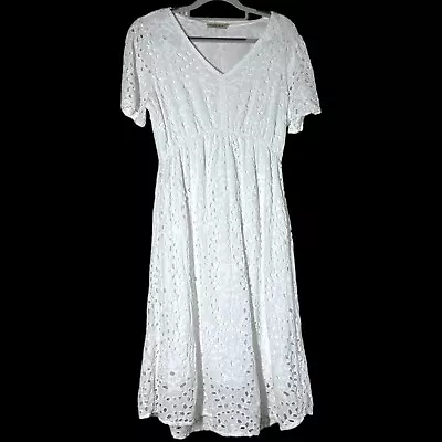 Valentina Naldi White Midi Dress Womens Size L Eyelet Lace Fit Flare Made Italy • $29