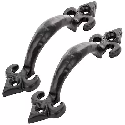 2x FLEUR-DE-LYS DRAWER HANDLE Black Finish Traditional Strong Cast Iron External • £4.97