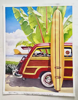 Vintage Poster Longboard Ford Woody Surfer Surfing Surfboard Beach Surf Palm • $29.99