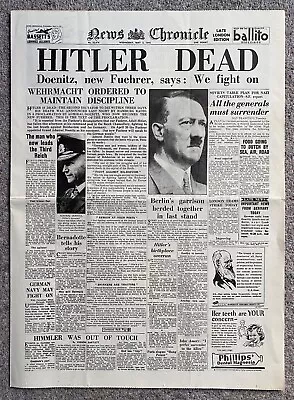 ++ Hitler Dead British News Chronicle Reprinted Newspaper 2 May 1945 ++ • $8.78