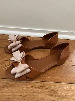 MELISSA Women's Seduction II Brown With Pale Pink Bow Shoes Flats Sz 10 • $19.99