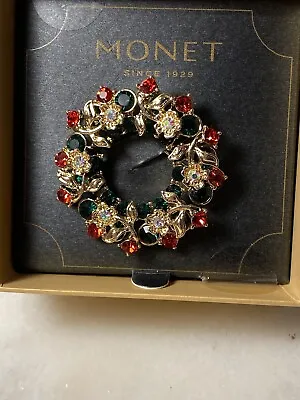 Rhinestone Wreath Brooch Red Green & AB Stones In GT With Floral Design  MONET • $5