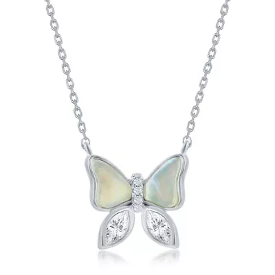 Sterling Silver MOP And CZ Butterfly Necklace • $44