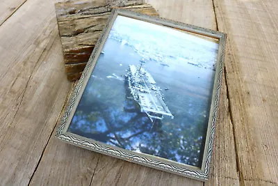 Vintage Antique Wooden Picture Frame Nailed Print Aircraft Carrier Military YF • $32.95