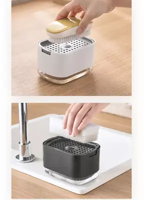 Kitchen Liquid Soap Pump Dispenser With Sponge Holder 2 In 1 ABS Black&White • £8.49