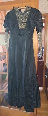 Antique Black Silked Beaded Long Mourning Gown C.1870 Medium Vintage Dress Rare! • $350