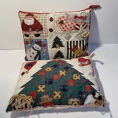 Vtg Christmas Patchwork 2 Pillows 8 X11  Santa Angel Snowman Tree Buttons Beads • $9.99