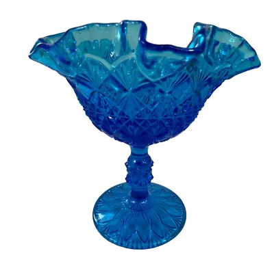 Vintage Fenton Glass Blue Daisy And Button Diamond Cut Ruffled Pedestal • $22.99