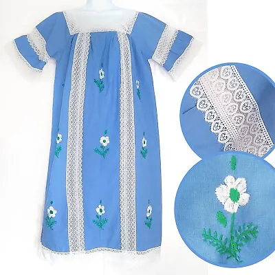 Vintage 60 70s Mexican Hand Embroidered Blue Floral Summer Tunic DRESS Boho M • $59.95