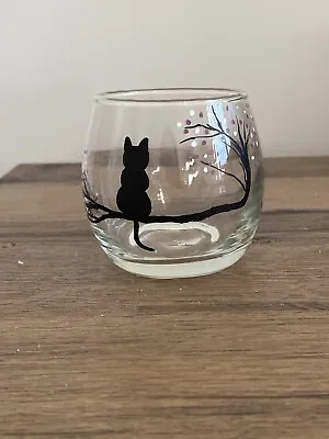 Hand Painted Black Cat Silhouette And Blossom Glass Candle Holder • £8.50