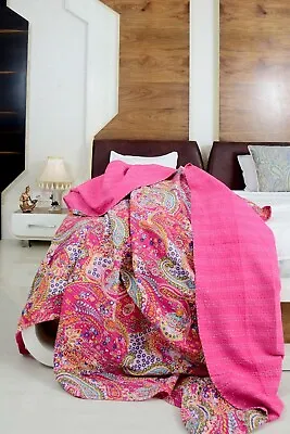 Pink Paisley Kantha Quilt Indian Handmade Bedspread Throw Cotton Ethnic Blanket • £51.06