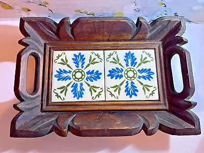 Vintage Hand Carved Wood With Blue & Green Tile Tray From Mexico 9  X 13  • $34