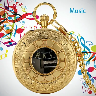 Music Box Pocket Watch Gold/Silver Case Vintage Uncommon Quartz Chain Watch Gift • $16.78