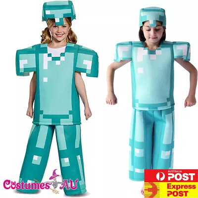 Kids Minecraft Costume Mineral Armour Cosplay Jumpsuit Mask Child Boys Book Week • $21.96