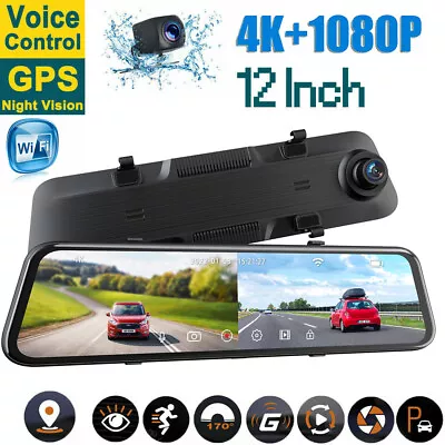 $168.99 • Buy 4K WIFI GPS Dash Cam Mirror Car  Backup Camera Front And Rear View Voice Control