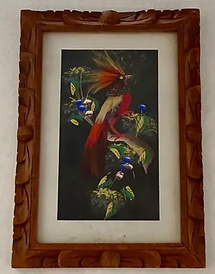 Vintage Mexican Feather Craft Bird Folk Art Water Color Hand Carved Wooden Frame • $24