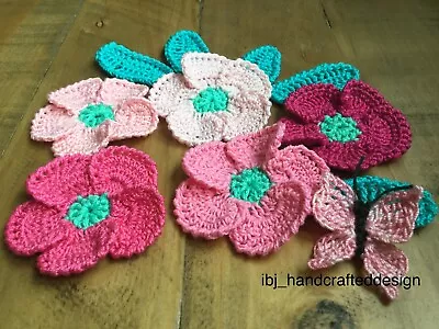 Handmade Crochet Cotton Flowers Leaves Butterfly Applique Craft Kids Clothes  • £5.50