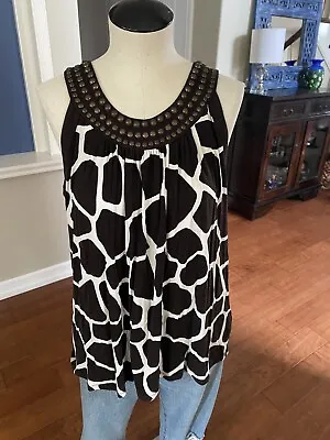 Michael Kors Giraffe Animal Print Sleeveless Top Beaded Neckline Brown White M • $12