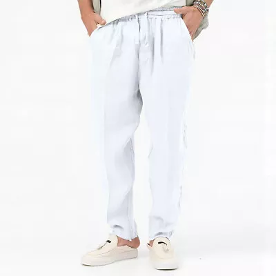 Men's Cotton Linen Drawstring Long Pants Casual Elastic Waist Sports Trousers • $23.19