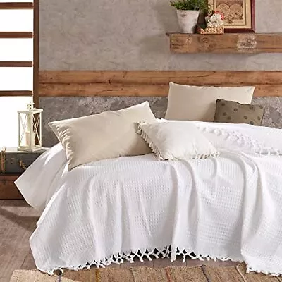 Milam London White Throw Blanket | Cotton Waffle Bedspreads King Size | Sofa • £43.39