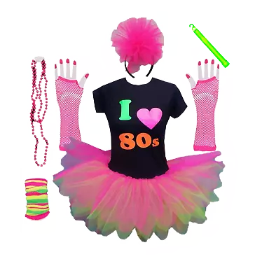 I Love 80s Neon Tutu Skirt 80's Fancy Dress Tshirt Set Hen Party Music Festival  • £20.43