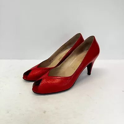 VTG Bruno Magli Red Leather Snakeskin Pumps Heels 6 AA Vero Cuoio Bologna Italy • $34.84