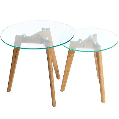£69.99 • Buy Nest Tables 2 Round Coffee Side End Solid Beech Wood Legs Glass Furniture Pair