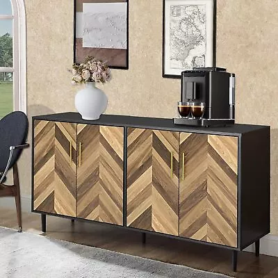 Sideboard Buffet Cabinet With Storage Doors Shelves Black 4 Herringbone Doors • $206.89