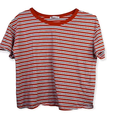 Zara Shirt M Womens Striped Crew Neck Short Sleeve 100% Cotton Cropped • $18.88