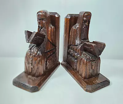 Vintage Hand Carved Book Ends Pair Wood Monk Elder Priest Pastor Reading Book • $25.46