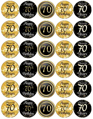 30x 70th Birthday Black Gold Cupcake Toppers Edible Wafer Paper Fairy Toppers • £2.59
