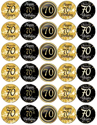 30x 70th Birthday Black Gold Cupcake Toppers Edible Wafer Paper Fairy Toppers • £2.59